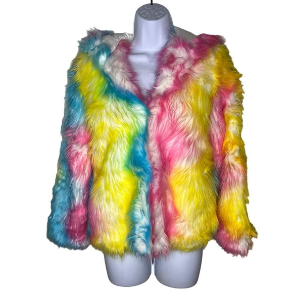 Fhilliuno blue pink yellow rye dye faux fur coat - Picture 1 of 5